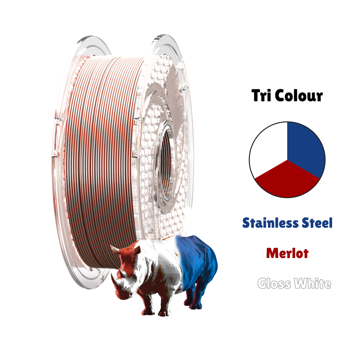 SILK PLA+ Tri Color - Fire, Ice & Sky (Gloss White & Royal Blue & Merlot) 750g, 1.75mm